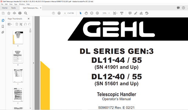 Gehl DL SERIES GEN:3 DL11-44 DL11-55 DL12-40 DL12-55 Telescopic Operator’s Manual 50960172 PDF