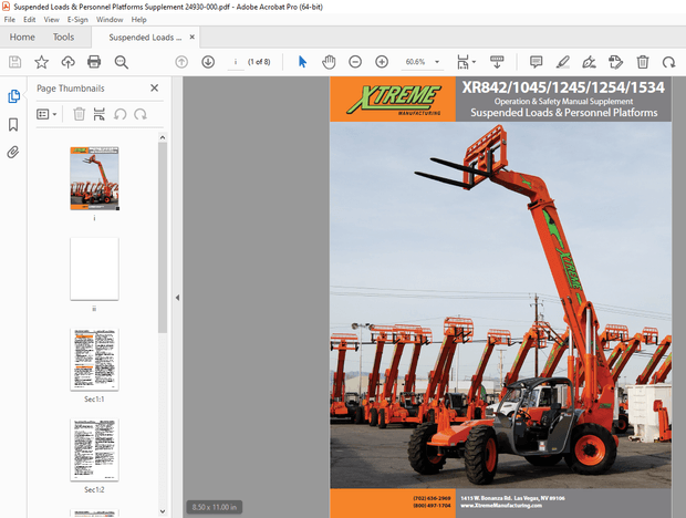 XTREME Telehandler XR842/1045/1245/1254/1534 Operation &amp; Safety Manual Supplement PDF