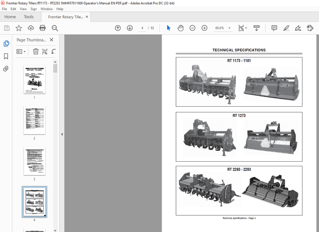 Frontier Rotary Tillers RT 1173 RT 1273 RT 2293 RT 1181 RT 2283 Operator’s Manual(F07011069) – PDF 