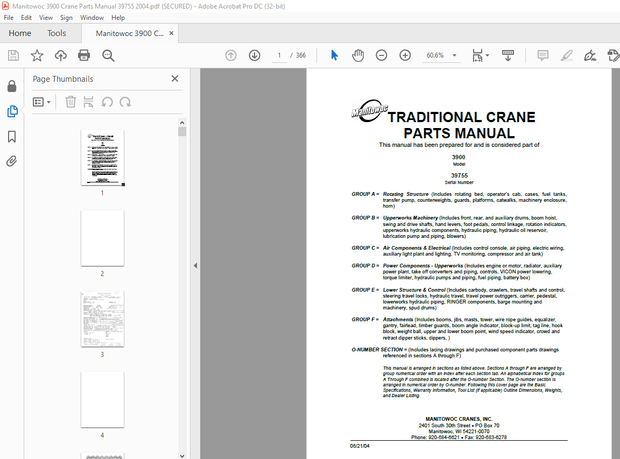 Manitowoc Traditional Crane 3900 Parts Manual SN 39755 PDF