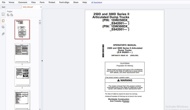 John Deere 250D &amp; 300D Series II Articulated Dump Trucks Operator&#x27;s Manual OMT264275 - PDF DOWNLOAD