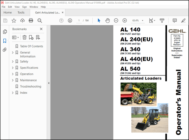Gehl AL 140 AL 240 AL 340 AL 440(EU) AL 540 Articulated Loader Operator’s Manual 918496 – PDF 