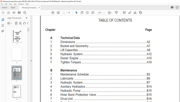 Mustang Compact Excavators ME2503 3003 3503 3703 Service Manual(918149) – PDF DOWNLOAD
