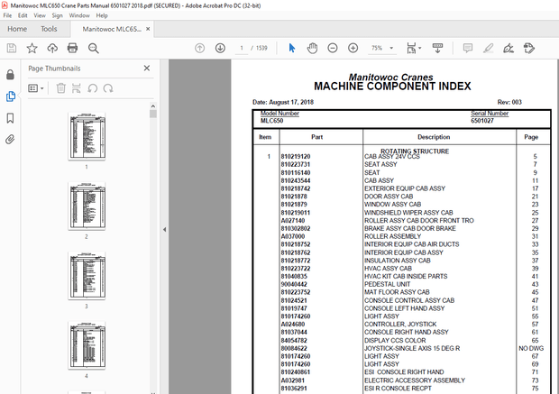 Manitowoc Crane MLC650 Parts Manual SN 6501027 – PDF DOWNLOAD