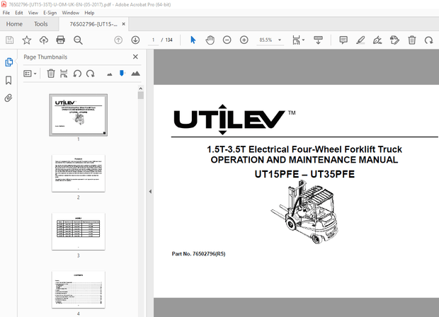 UTILEV UT15PFE UT35PFE 1.5T-3.5T Electrical Four Wheel Forklift Truck Operation Manual PDF
