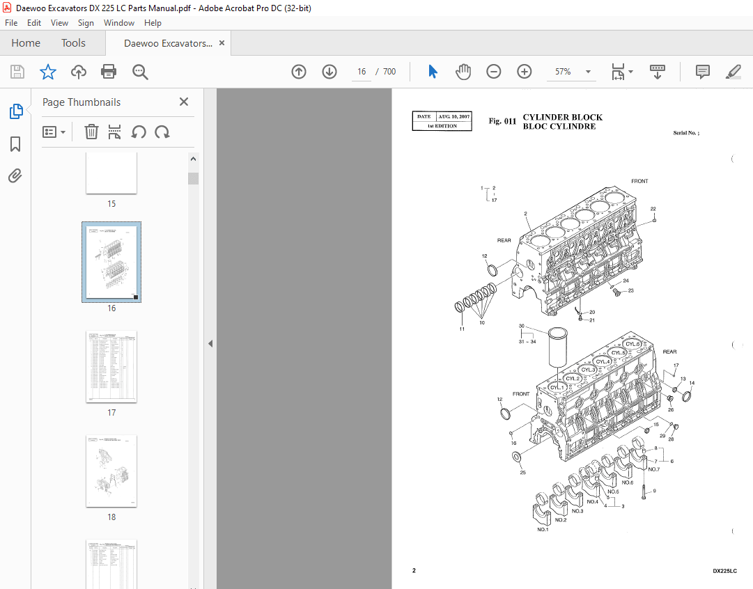 Daewoo Excavators DX 225 LC Parts Manual – PDF DOWNLOAD