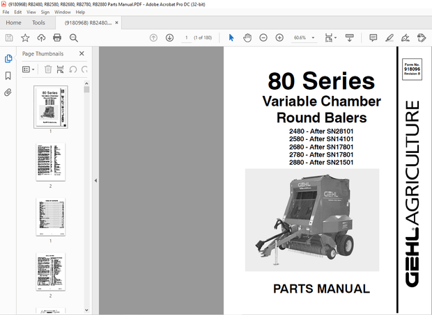 Gehl 80 Series 2480 2580 2680 2780 2880 Variable Chamber Round Balers Parts Manual 918096 – PDF 