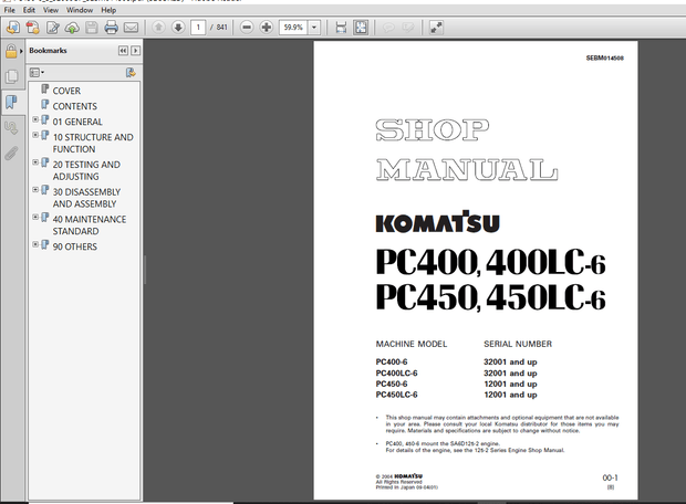 Komatsu PC400-6, PC400LC-6, PC450-6, PC450LC-6 Hydraulic Excavator Shop Manual - SEBM014508  PDF