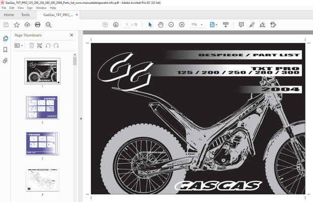 2004 Gasgas TXT pro 125/200/249/280/300 Parts List Manual - PDF DOWNLOAD
