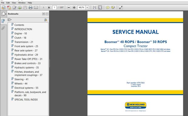 New Holland Boomer 40 ROPS &amp; 50 ROPS Compact Tractor Service Manual (47917001) – PDF Download