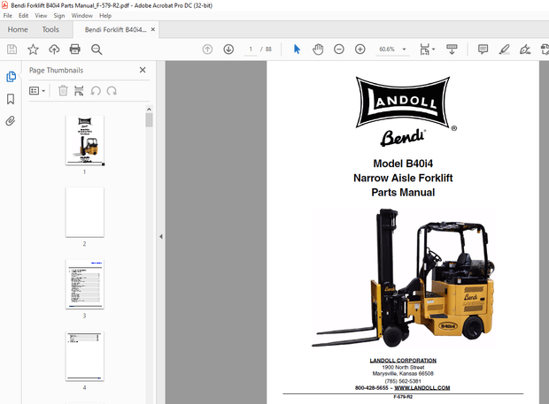 Bendi Landoll B40i4 Narrow Aisle Forklift Parts Manual F-579-R2  – PDF DOWNLOAD