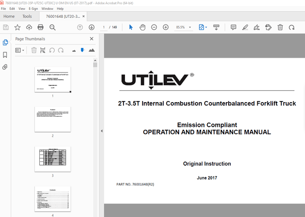 UTILEV 2T-3.5T Internal Combustion Counter balanced Forklift Truck Operation Manual