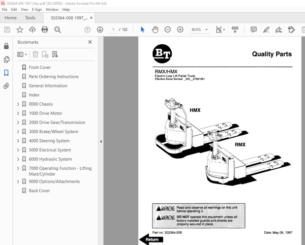 BT Prime-Mover RMX HMX Electric Low Lift Pallet Truck Parts Manual - PDF DOWNLOAD