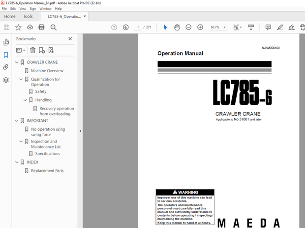 Maeda CRAWLER CRANE LC785-6 OPERATION MANUAL 31001 – PDF DOWNLOAD