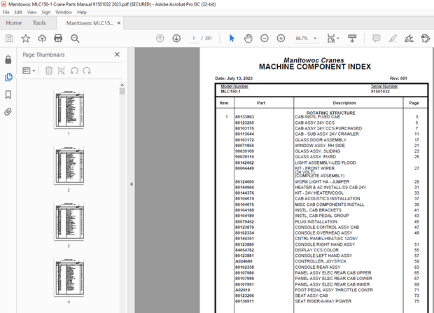 Manitowoc Crane MLC150-1 Parts Manual SN 91501032 – PDF DOWNLOAD