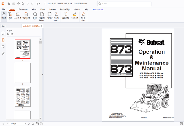 Bobcat 873 High Flow Operation &amp; Maintenance Manual - PDF DOWNLOAD