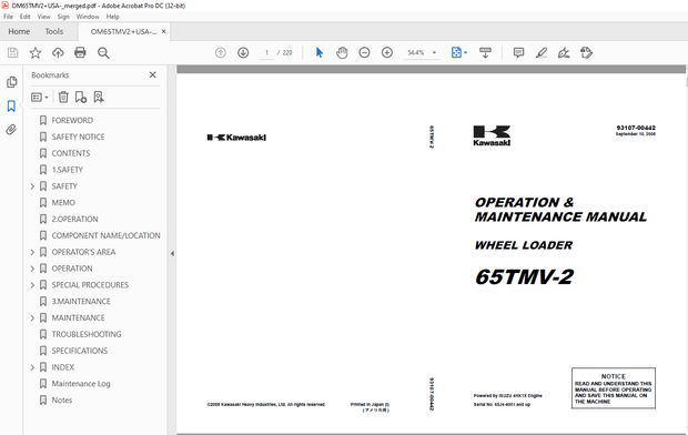 Kawasaki WHEEL LOADER 65TMV-2 OPERATION &amp; MAINTENANCE MANUAL 93107-00442  - PDF DOWNLOAD