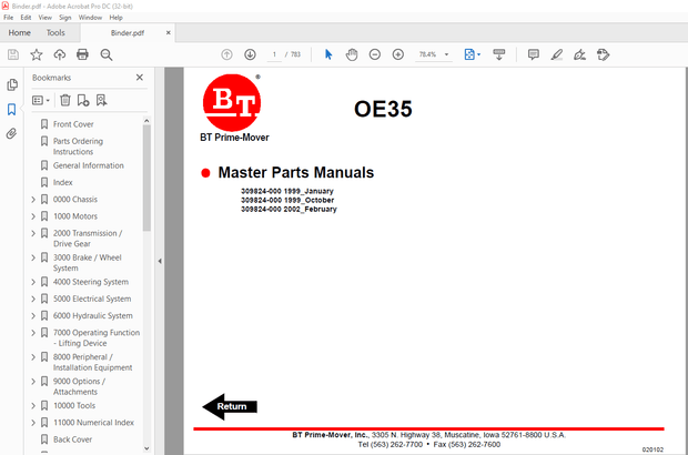 BT Prime-Mover Forklift OE35 Electric Order Selector Master Quality Parts Manual