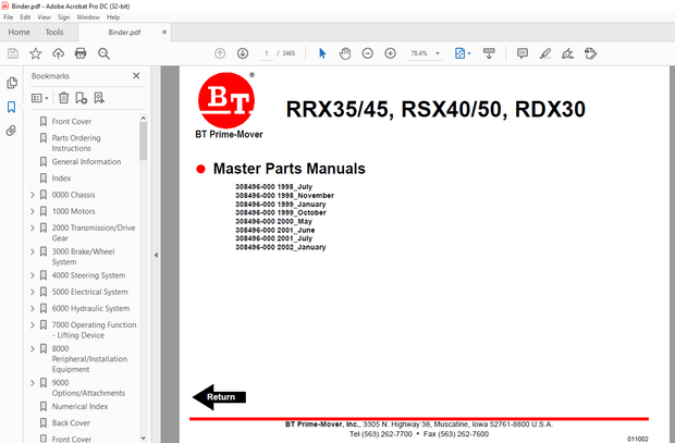 BT Prime-Mover Forklift RRX35 45  RSX40 50  RDX30 Master Parts Manual – PDF DONLOAD