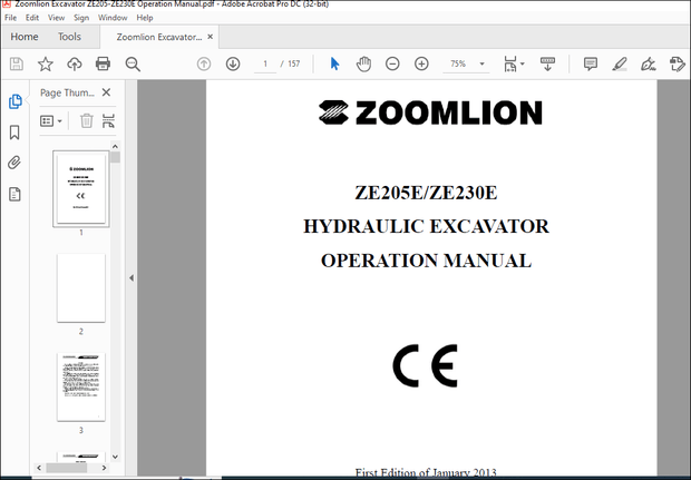 Zoomlion ZE205-ZE230E Hydraulic Excavator Operation Manual – PDF DOWNLOAD