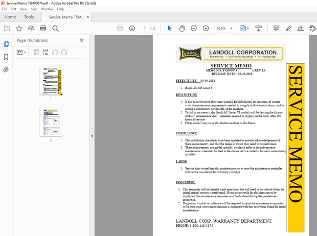 Bendi Landoll Forklift Service Memo Manual TSM00074 – PDF DOWNLOAD