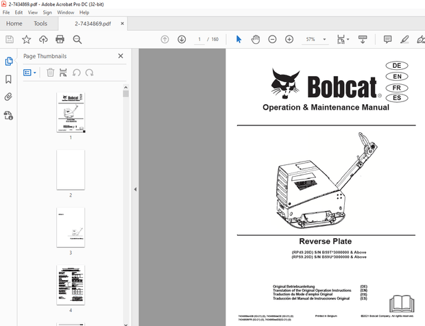 Bobcat RP49.20 RP59.20 Reverse Plate Operation &amp; Maintenance Manual 7434869 - PDF