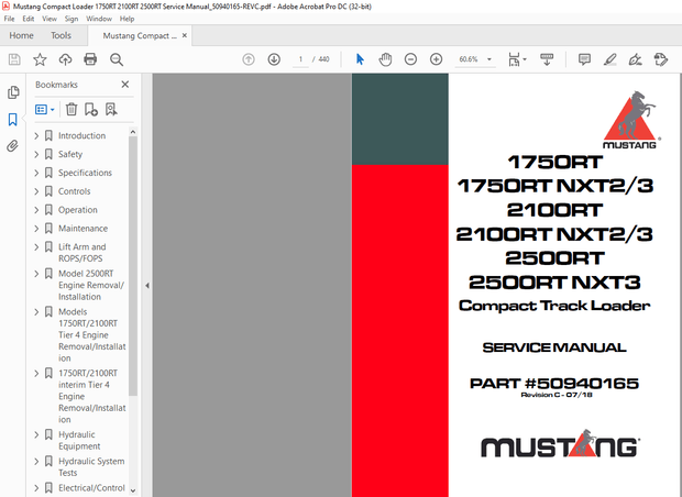 Mustang Compact Track Loader 1750RT 2100RT 2500RT Service Manual (50940165) – PDF DOWNLOAD