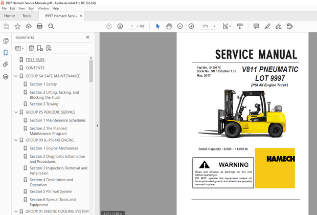 Crown Forklift V811 PNEUMATIC LOT 9997 [PSI 4X Engine Truck] Service Manual – PDF DOWNLOAD