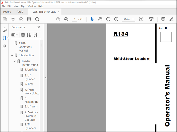 Gehl R134 Skid-Steer Loader Operator’s Manual 50111947 – PDF DOWNLOAD