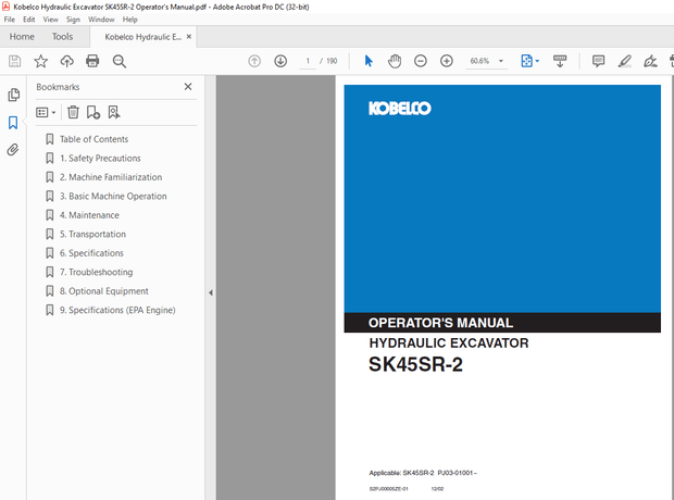 Kobelco SK45SR-2 Hydraulic Excavator Operator’s Manual – PDF DOWNLOAD