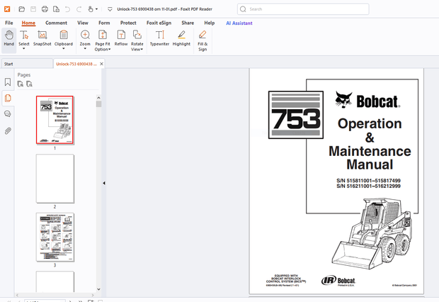 Bobcat 753 Operation &amp; Maintenance Manual - PDF DOWNLOAD