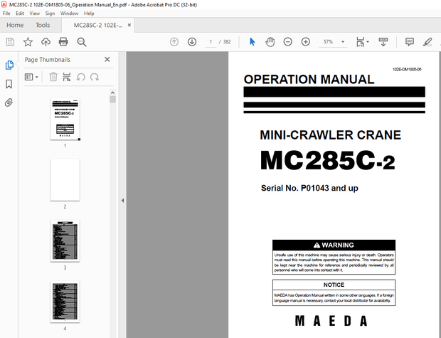 Maeda MC-285C-2 Mini-Crawler Crane Operation Manual  – PDF DOWNLOAD