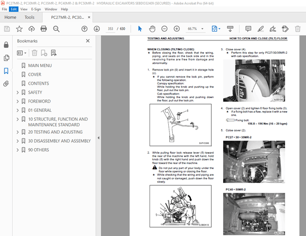 Komatsu PC27MR-2 PC30MR-2 PC35MR-2 PC40MR-2 PC50MR-2 Hydraulic Excavator Shop Manual SEBM032409 