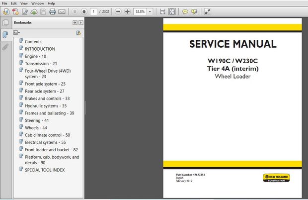 New Holland W190C W230C Tier 4A (interim) Wheel Loader Service Manual (47673351)