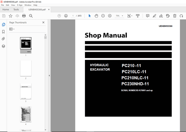 Komatsu PC210-11,PC210LC-11,PC210NLC-11,PC230NHD-11 Hydraulic Excavator Shop Manual UENBM00366 - PDF