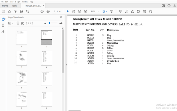Drexel R60CBD SwingMast Lift Truck Drive Axle Section Parts Manual 1407996 – PDF DOWNLOAD