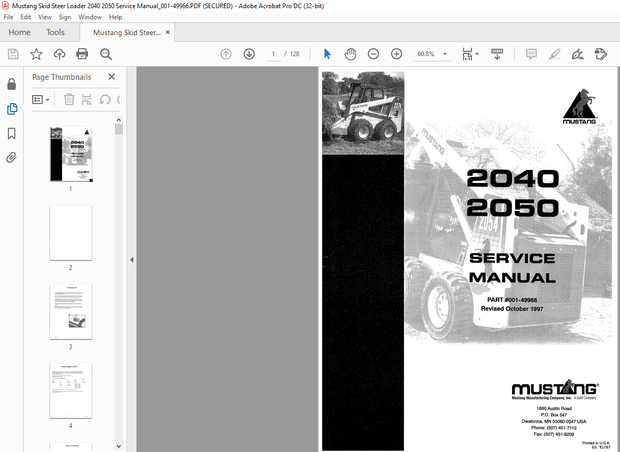 Mustang Skid Steer Loader 2040 2050 Service Manual (001-49966) – PDF DOWNLOAD