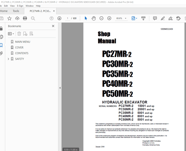 Komatsu PC27MR-2 PC30MR-2 PC35MR-2 PC40MR-2 PC50MR-2 Hydraulic Excavator Shop Manual SEBM032409 