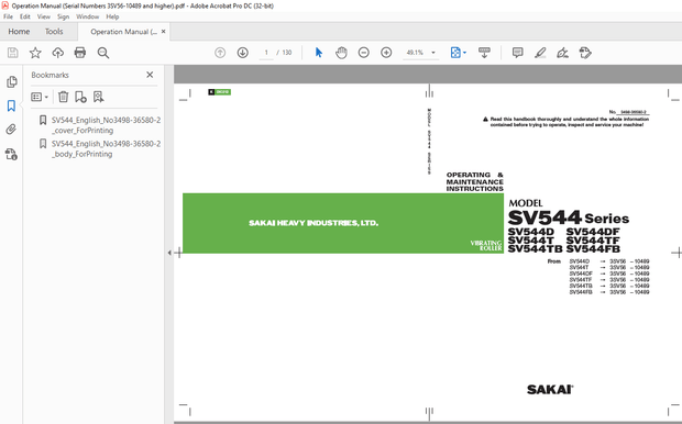 Sakai SV544 Series SV544D SV544DF SV544T SV544TF SV544TB SV544FB Operator Manual - PDF 