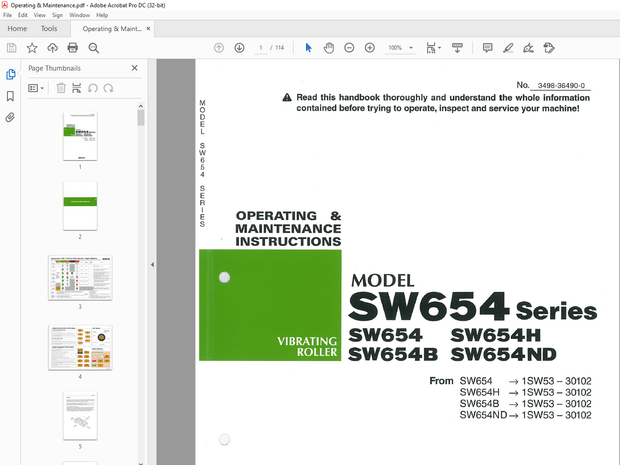 Sakai Vibrating Roller SW654 Series SW654 SW654H SW654B SW654ND OPERATING &amp; MAINTENANCE MANUAL - PDF