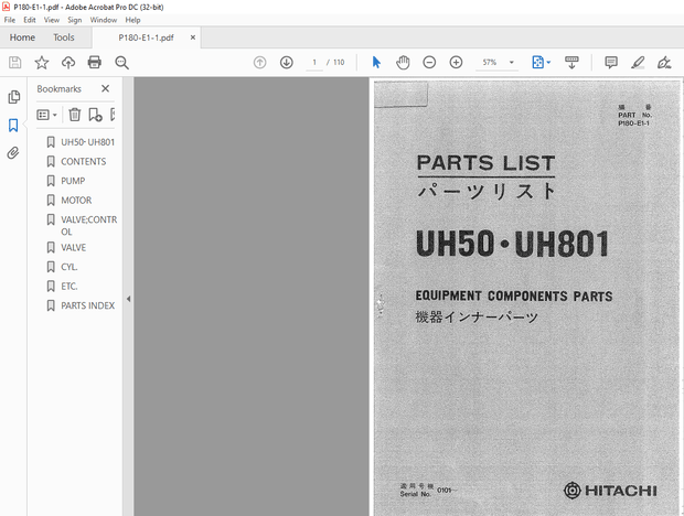 Hitachi UH50 UH801 Equipment Components Parts List Manual(P180-E1-1) – PDF DOWNLOAD