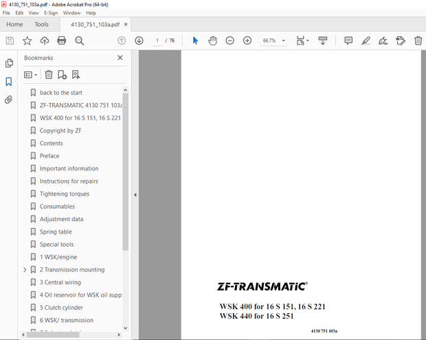 ZF-TRANSMATIC WSK 400 for 16S 151, 16S 221 WSK &amp; 440 for 16S 251 Repair Manual 4130 751 103a - PDF 