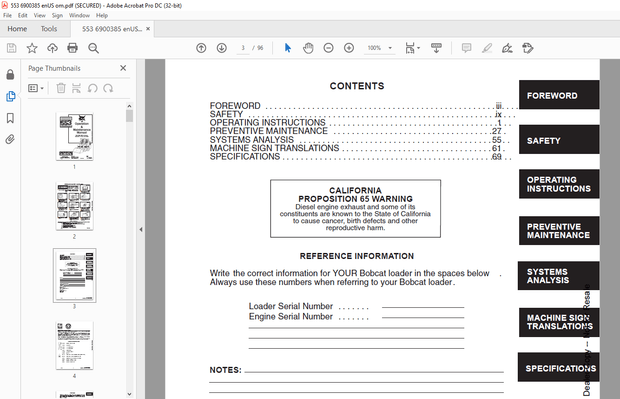 Bobcat 553 Loader Operation &amp; Maintenance Manual 6900385 - PDF DOWNLOAD