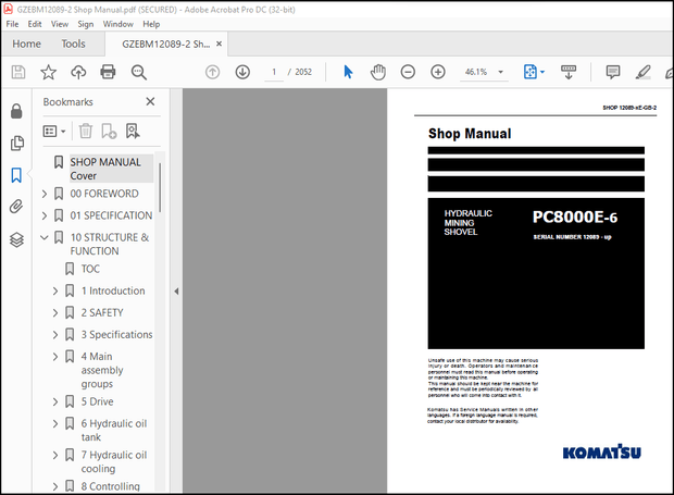 Komatsu Hydraulic Mining Shovel PC8000E-6 Shop Manual(12089-xE-GB-2) – PDF DOWNLOAD