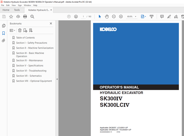 Kobelco SK300IV SK300LCIV Hydraulic Excavator Operator’s Manual – PDF DOWNLOAD