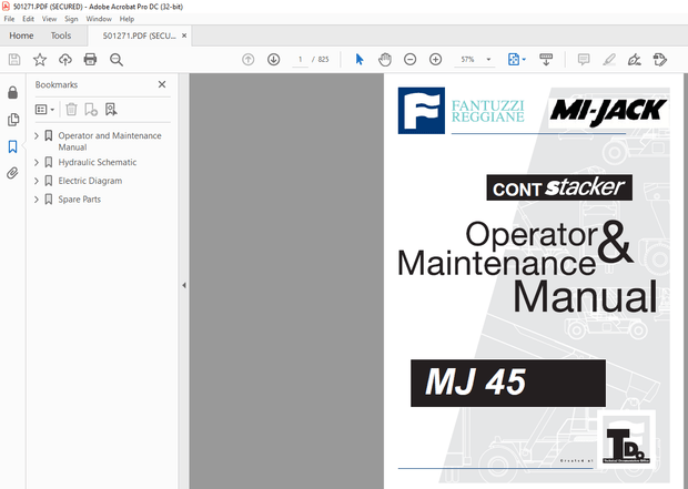Fantuzzi Reggiane MI-Jack MJ 45 Operator &amp; Parts manual + Electrical &amp; Hydraulic Diagrams Manual 