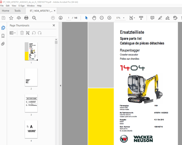 Wacker Neuson 1404 Crawler Excavator Parts Manual 1000163718 - PDF DOWNLOAD 