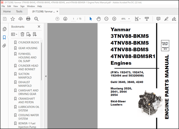 Yanmar 3TNV88-BKMS 4TNV88-BKMS 4TNV88-BDMS 4TNV88-BDMSR1 Engines PARTS MANUAL(917329) – PDF DOWNLOAD