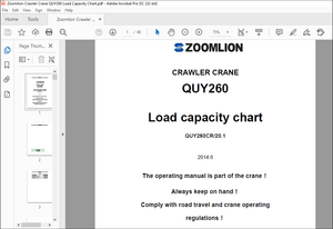 Zoomlion Crawler Crane QUY260 Load Capacity Chart Operating Manual – PDF DOWNLOAD