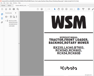 Kubota Tractor BX23S Loader LA340 Backhoe BT603 Mower RCK54D RCK60D RCK54 RCK60B Shop Manual  PDF